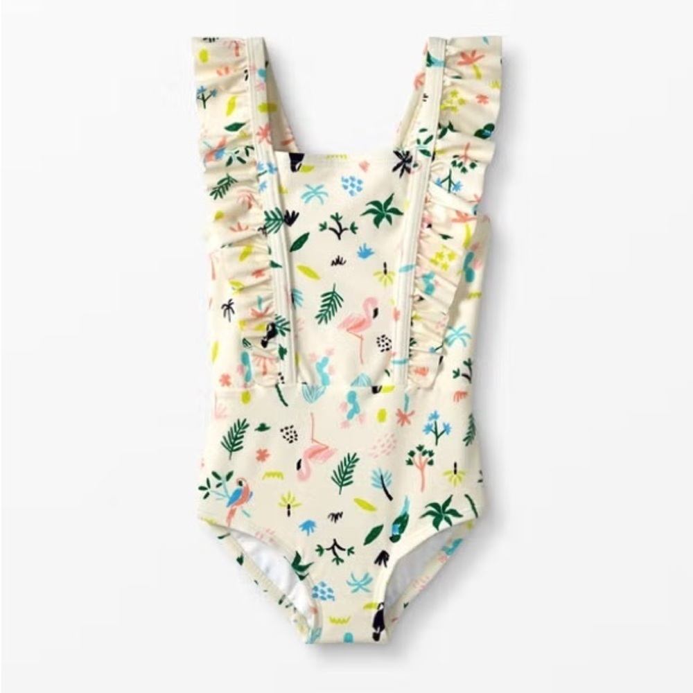Hanna Andersson one piece swimsuit scru colorful print ruffles criss cross girls
